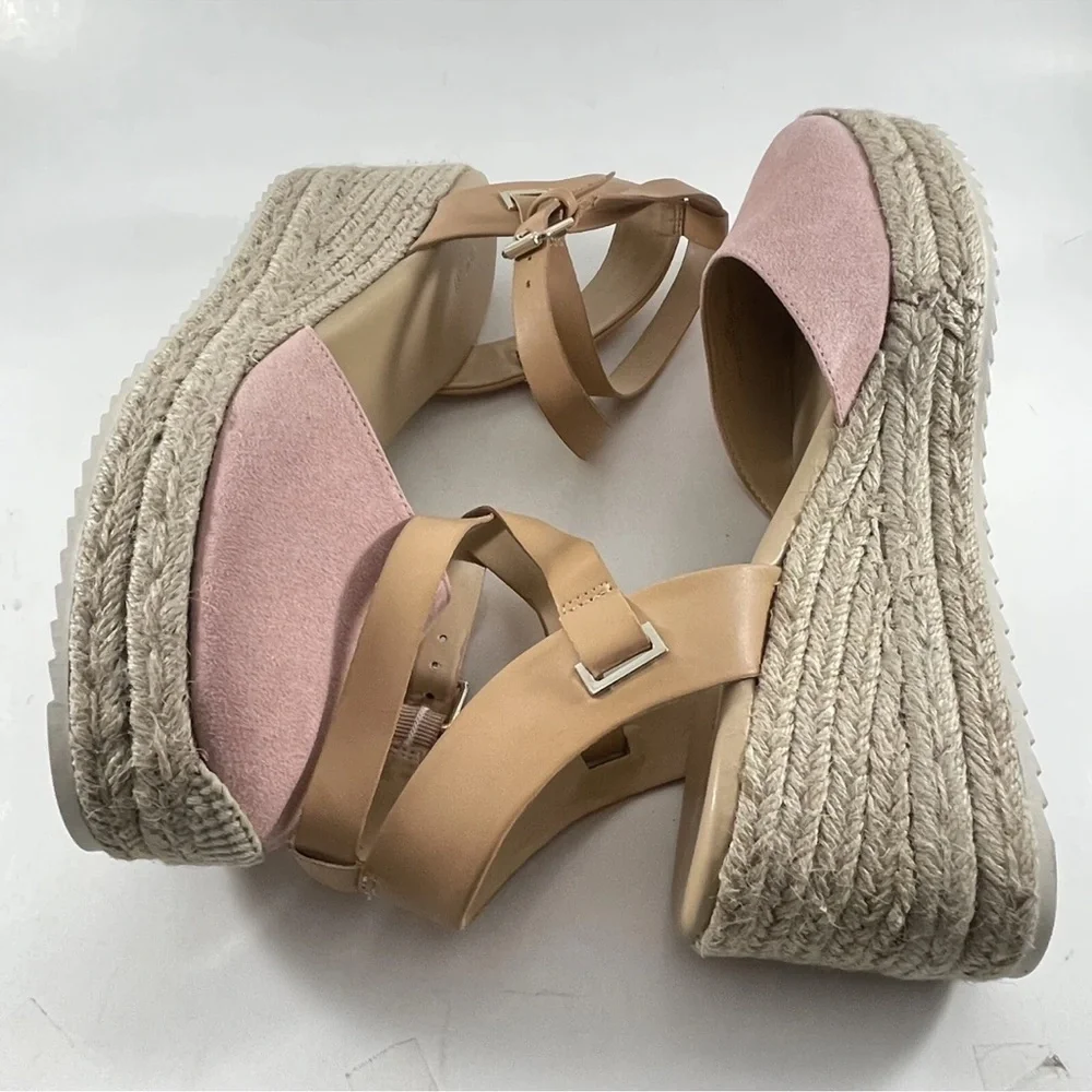 New Nine West Ariela Pink & Beige Espadrille Wedge Sandals Ankle Strap Size 10 M